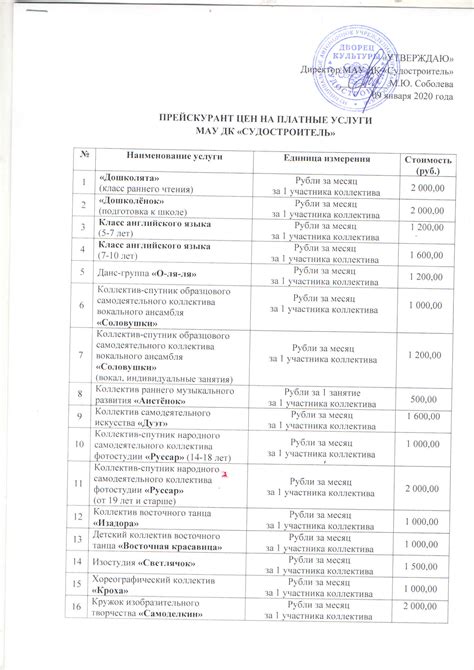 Прейскурант цен на платные коллективы и услуги