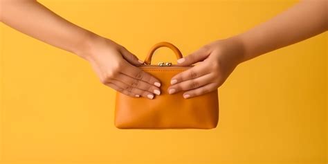 Premium Ai Image Hand Holding A Leather Handbag On A Yellow Background