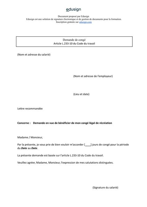 Demande De Cong Mod Le Gratuit En Format Word Pdf Edusign