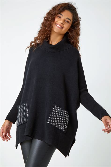 Black Sparkle Pocket Poncho Jumper Roman Uk