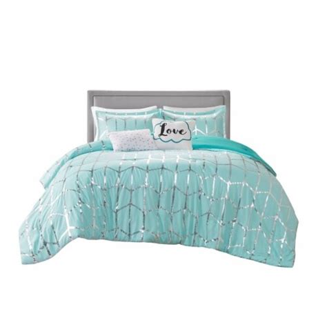 Gracie Mills Isabelle 5 Piece Metallic Geometric Comforter Set Grace 9111 Aqua Silver Twin