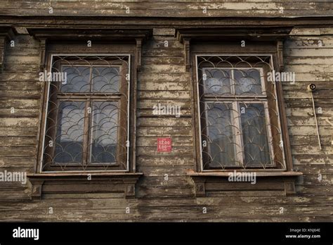 Window Of A Wooden House In Riga Latvia The Building Is Painted Green