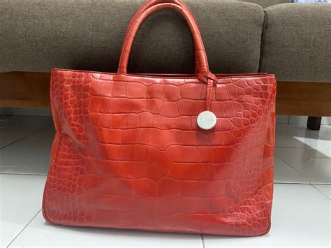 Authentic Furla Crocodile Embossed Leather Red Handbag Purse Women S