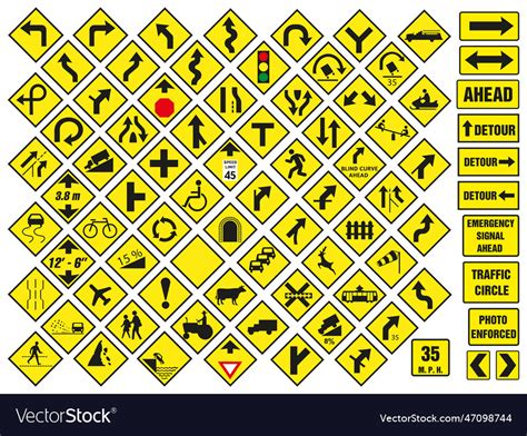 Set Of Yellow Road Signs American Royalty Free Vector Image