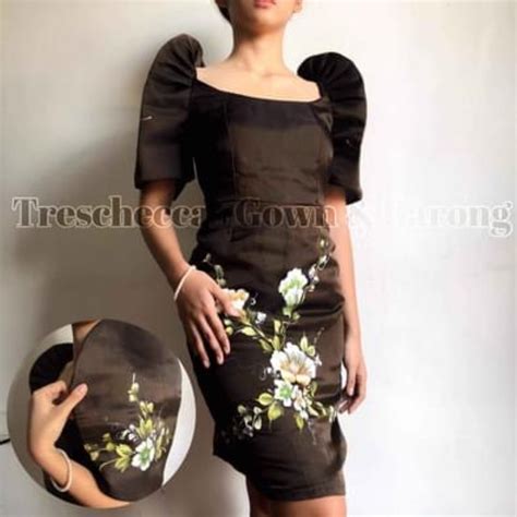 Hot ★ Modern Filipiniana Dark Brown Dress With Hand Painting