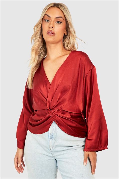 Plus Twist Front Satin Blouse Boohoo