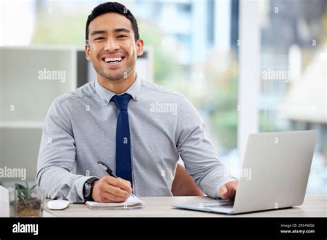 Portrait Happy Businessman And Working In Office Or Writing In