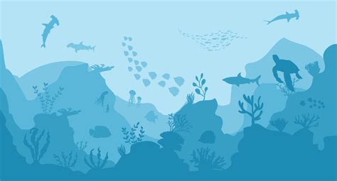 Silhouette Of Coral Reef With Fish On Blue Sea Background Underwater