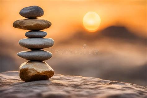 Zen Stones Stacked Forming A Pyramid On A Rock Against The Backdrop Of