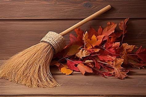 Autumn Leaves And A Broom On A Wooden Table Background Autumn Season