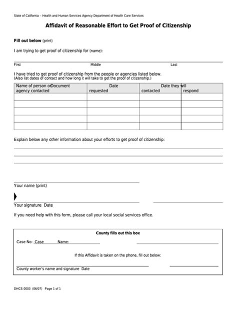 Fillable Form Dhcs 0003 California Affidavit Of Reasonable Effort To Get Proof Of Citizenship