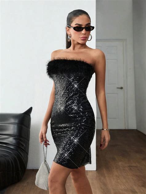 CasuGlow Faux Fur Detailed Black Off Shoulder Going Out Sequin Full