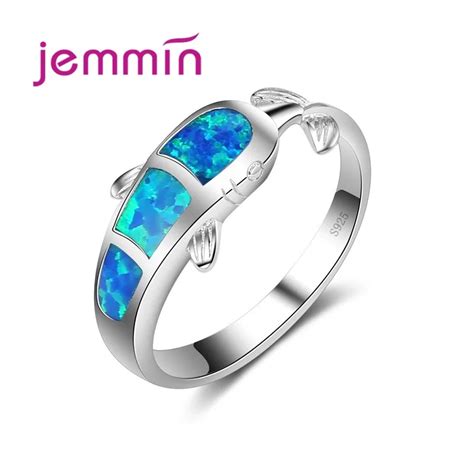 Anillos de ópalo de Fuego Azul con forma de delfín para mujer joyería