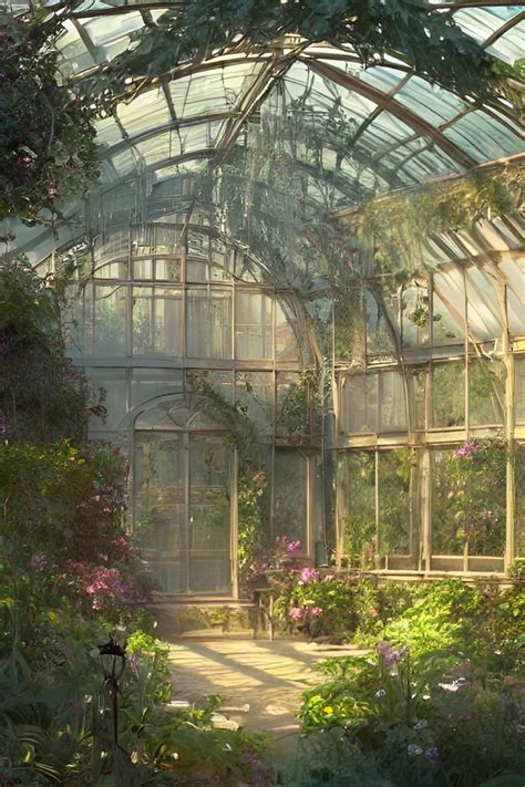 Victorian Greenhouse with Lush Plants and Flowers