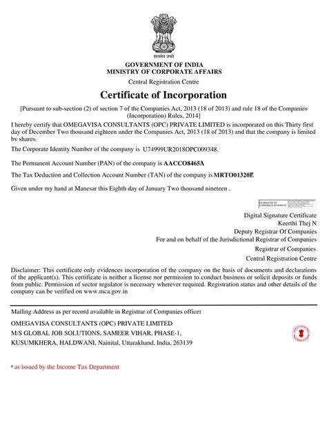 Certificate Of Incorporation India