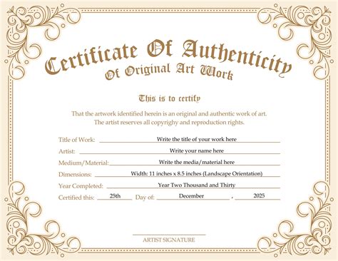 Printable Blank PDF Certificate Of Authenticity For Artwork Etsy UK