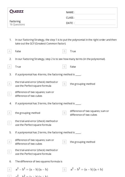 50 Factoring Expressions Worksheets For Kindergarten On Quizizz Free