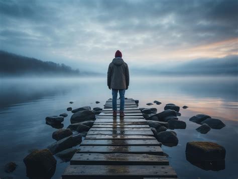 Premium AI Image | a person standing on a dock in front of a misty lake