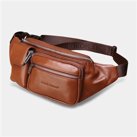 Men Genuine Leather Multifunction Front Flap Over Zipper Pocket Chest