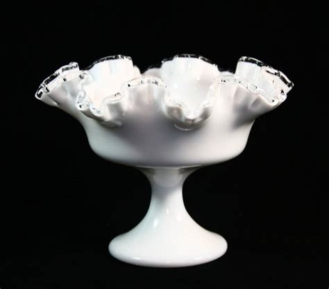 Vintage Fenton Silver Crested White Milk Glass Compote Featuring Classical Ruffled Fan Design Etsy