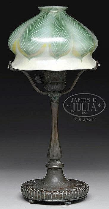 Tiffany Pulled Feather Lamp Has A Favrile Glass Shade With Green Pulled Feather Design