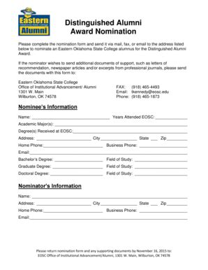 Fillable Online Eosc Distinguished Alumni Award Nomination Eosc Fax