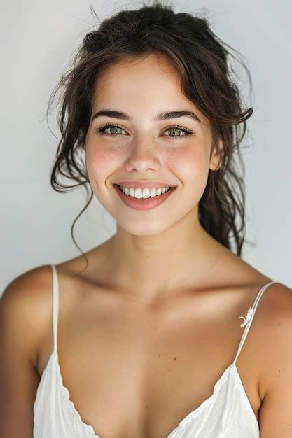 Premium Photo Positive Young Woman In White Dress Smiling At Camera