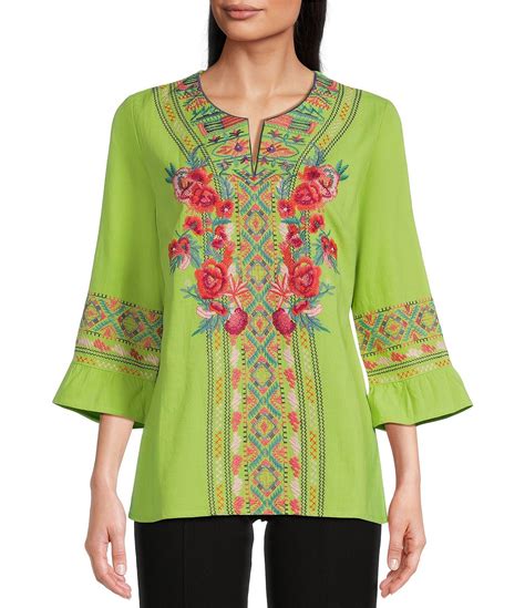 Calessa Embroidered Patchwork Split Round Neck 3 4 Sleeve Tunic Dillards