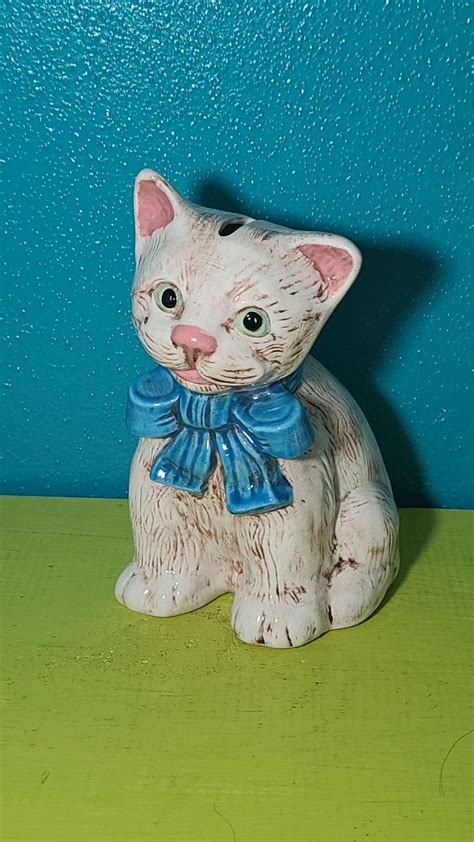 Vintage Ceramic Cat Bank With Blue Bow Etsy