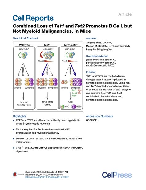 Pdf Combined Loss Of Tet1 And Tet2 Promotes B Cell But Not Myeloid