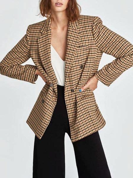 Plaid Turndown Collar Long Sleeves Double Breasted Short Jackets Td Mercado Checkered Blazer