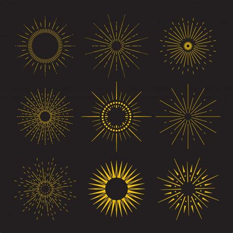 A Set Of Nine Sunbursts In Gold On A Black Background Each With