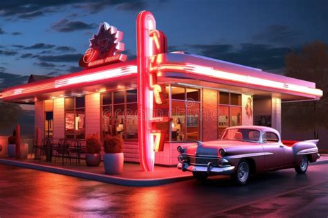 Retro Diner Interior With Checkerboard Floor And Soda Counter Stock