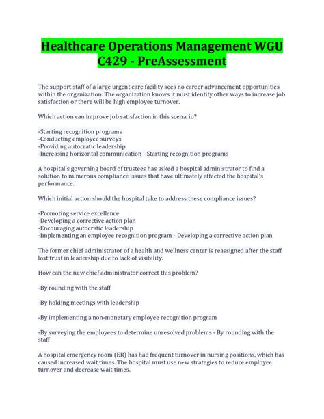 Healthcare Operations Management WGU C429 PreAssessment Exam 2022