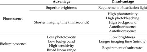 Comparison Of Bioluminescence And Fluorescence Download Table