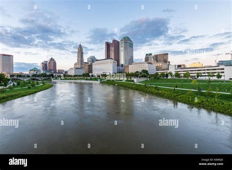 Skyline Of Columbus Ohio From Bicentennial Park Bridge At Night Stock