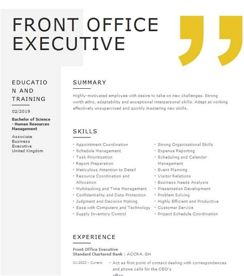 Front Office Executive Resume Example