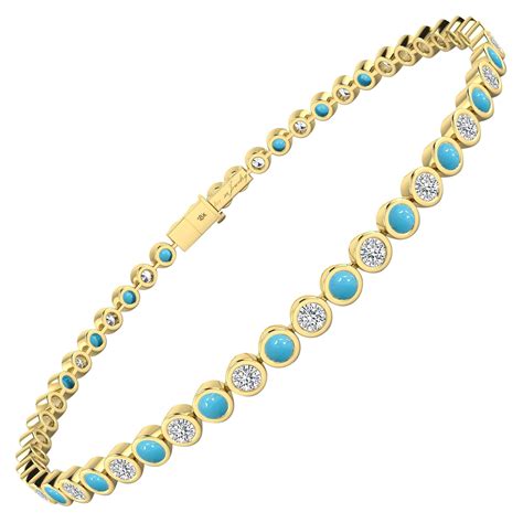 Turquoise And White Diamond Tennis Bracelet In 18 Karat Yellow Gold At