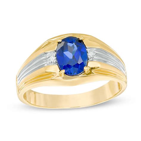 Men S Oval Lab Created Blue Sapphire And Diamond Accent Ring In K Two