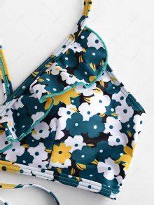55 OFF 2022 ZAFUL Flower Print Ruffle Criss Cross Bikini Swimsuit In GREENISH BLUE ZAFUL