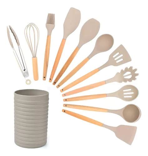 Kit Utensílios De Cozinha 12 Peças Silicone Colorido Cor Bege