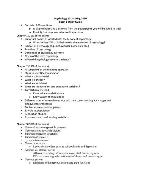 Exam 1 Study Guide Psychology 101 Spring 2016 Exam 1 Study Guide