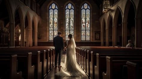 Premium Ai Image A Bride And Groom Stand In A Church With Stained