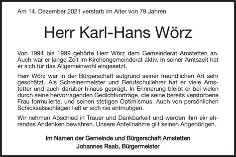 Traueranzeigen von Karl Hans Wörz Südwest Presse Trauer