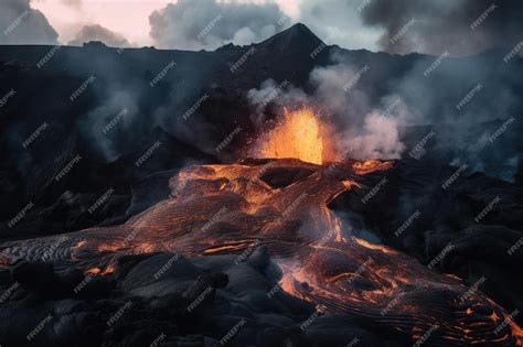 Premium AI Image | Volcanic eruption with massive lava flow creating ...