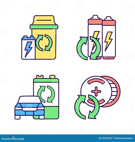 Recyclable Battery Types Rgb Color Icons Set Stock Vector