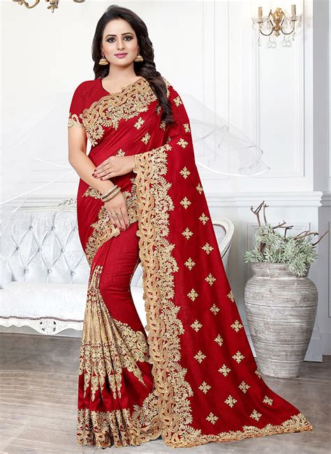 Buy Red Embroidered Art Silk Saree Embroidered Sari Online Shopping