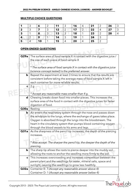 2022 P6 Science Prelim Answer Set The Pique Lab