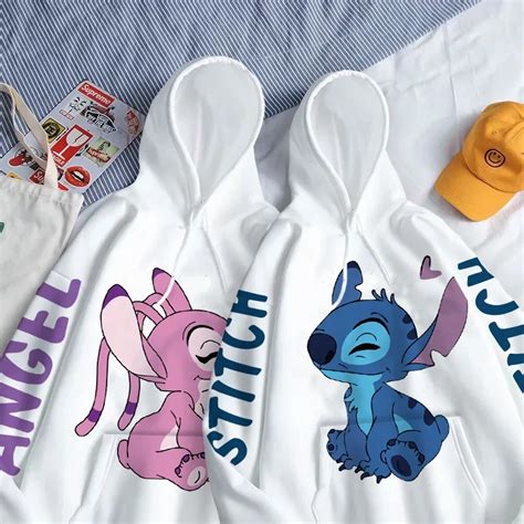 Felpa Con Cappuccio Disney Fashion Stitch Angelo Mostro Lettera Felpa