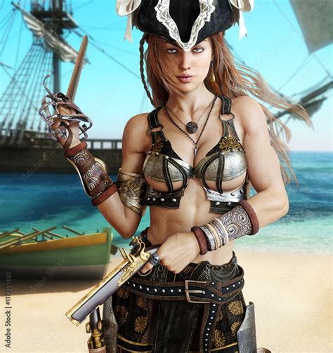 Alluring Sexy Pirate Female Posing With A Cutlass Sword And Pistols On A Coastline With Her